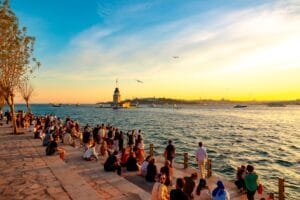 Locals and tourists watching the sunset by Maiden’s Tower, Istanbul