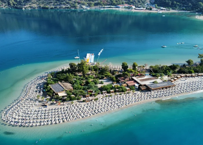 Aerial view of the Blue Lagoon in Oludeniz with its sandy beach and turquoise waters