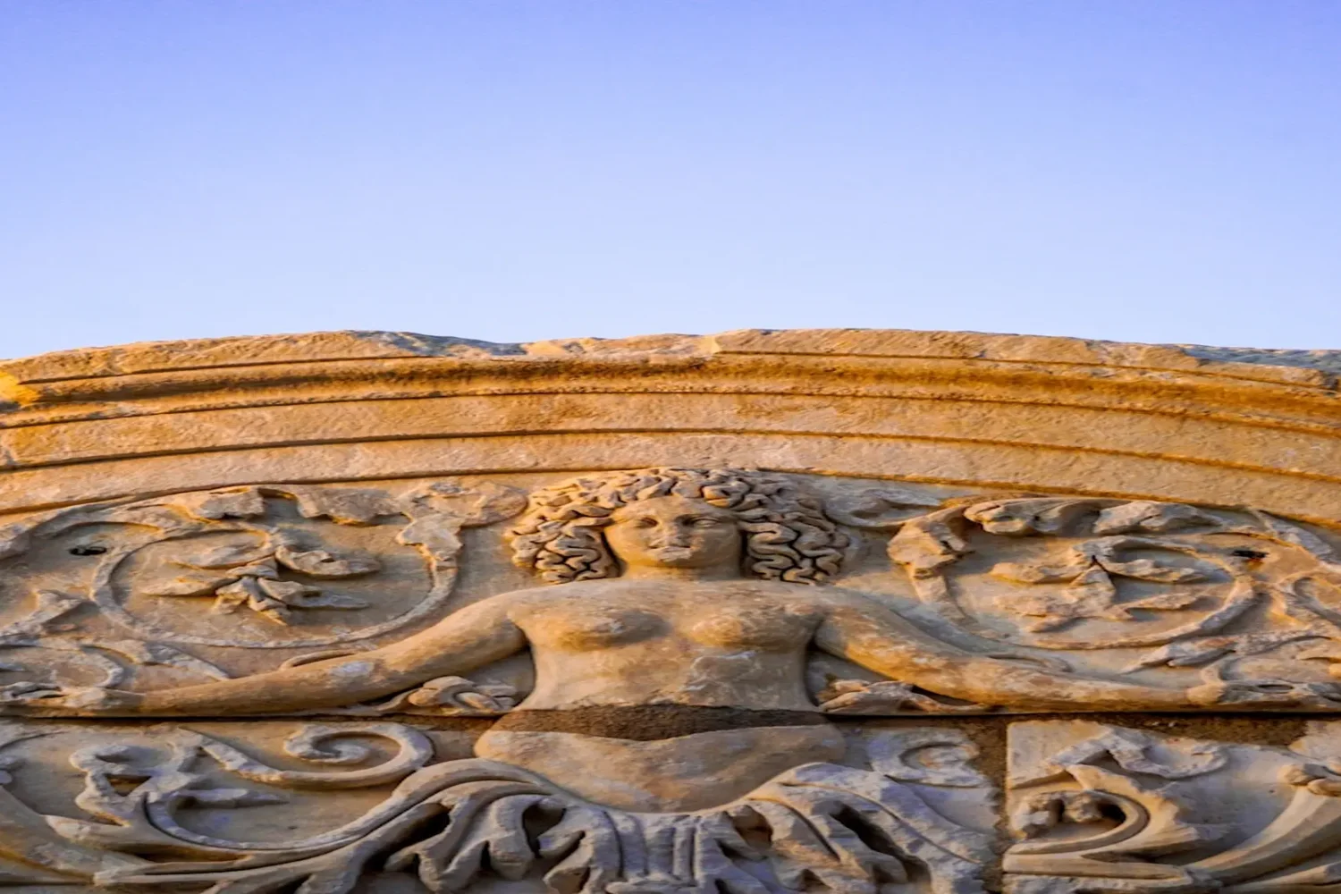 Detailed Medusa relief sculpture in Ephesus ruins