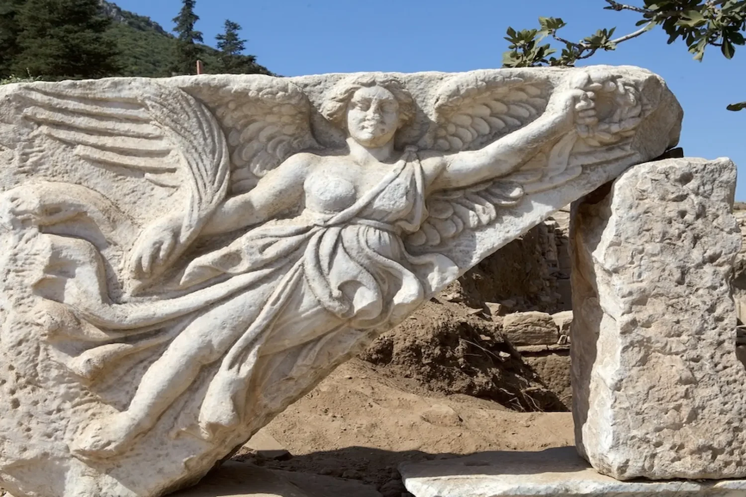 Marble relief of Nike goddess in Ephesus ruins