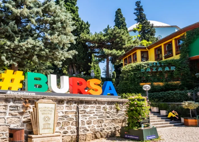 Bursa Silk Bazaar entrance with colorful Bursa sign