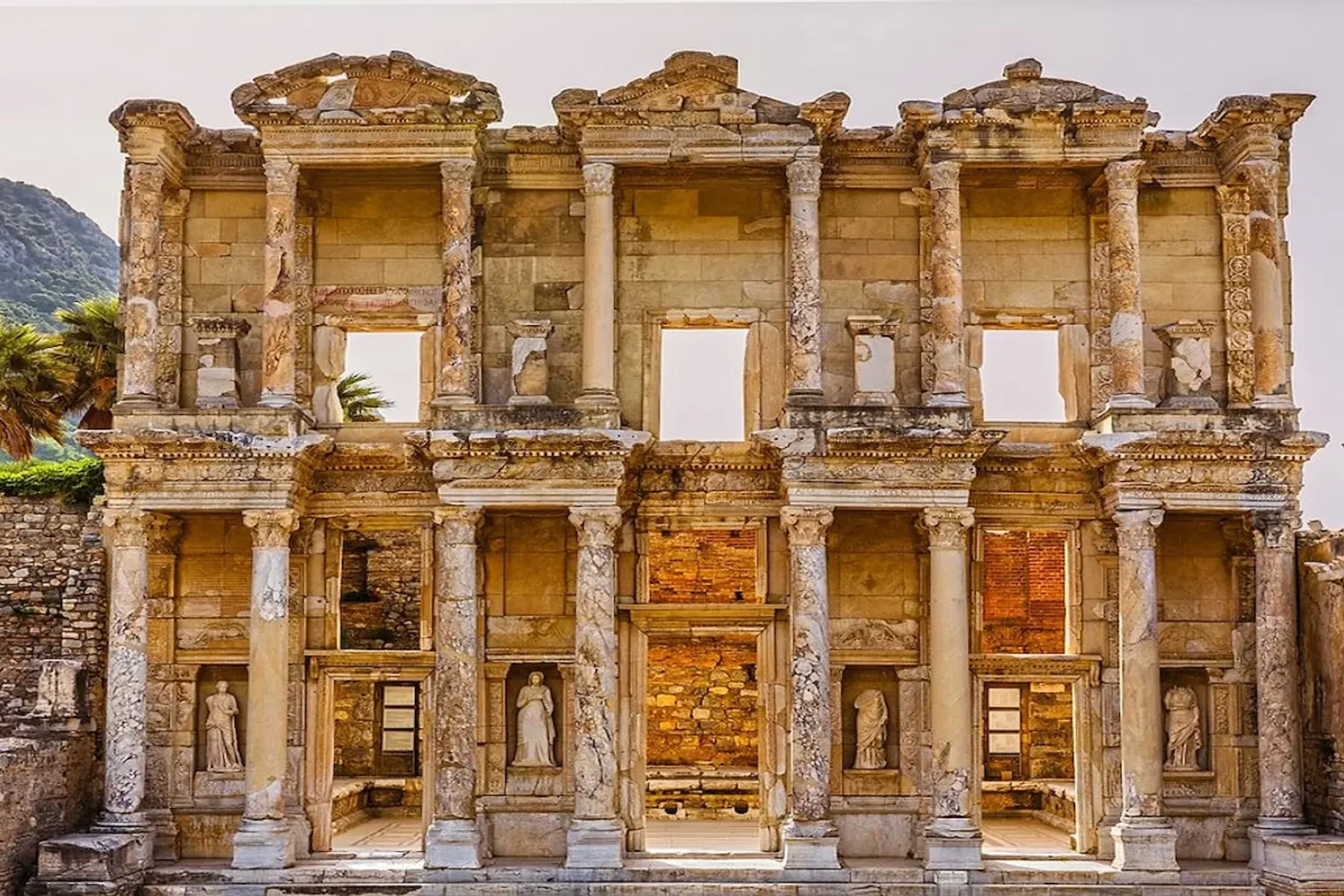 Close up of the Celsus Library ruins in Ephesus