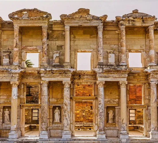 Close up of the Celsus Library ruins in Ephesus