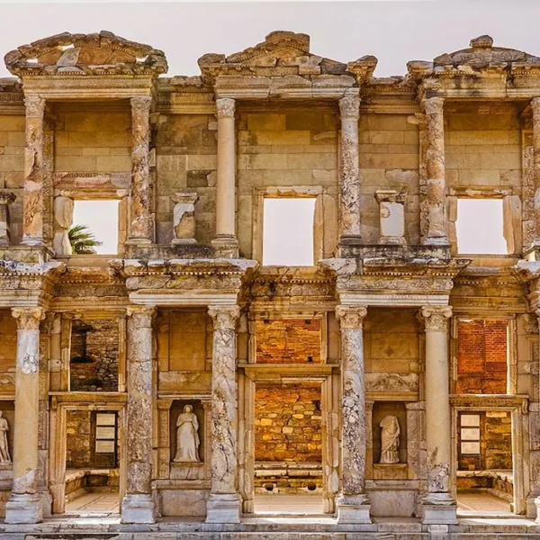 Close up of the Celsus Library ruins in Ephesus
