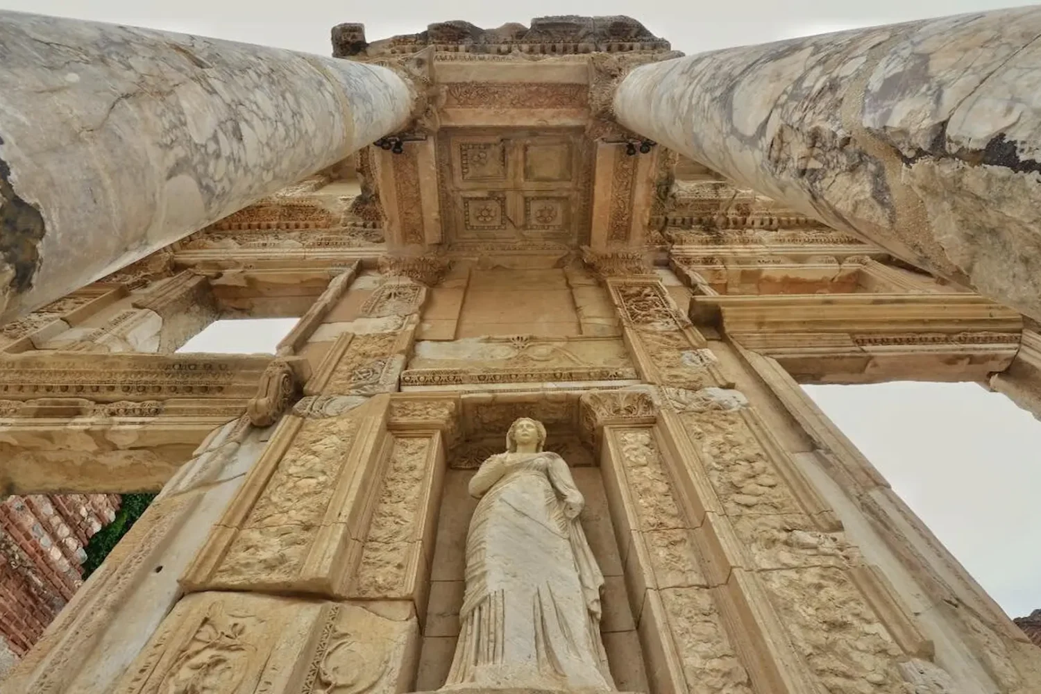 Close up of the Celsus Library ruins in Ephesus