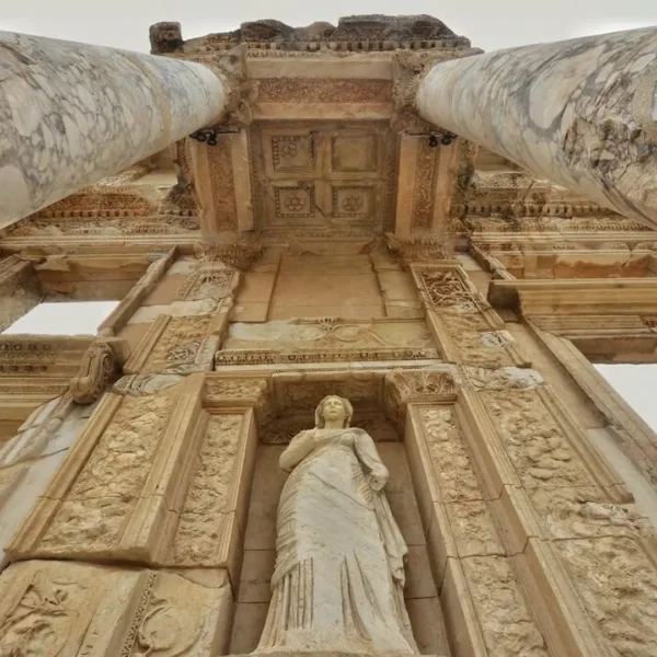 Close up of the Celsus Library ruins in Ephesus