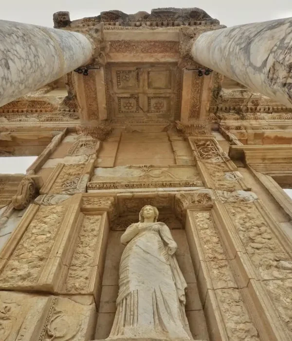 Close up of the Celsus Library ruins in Ephesus