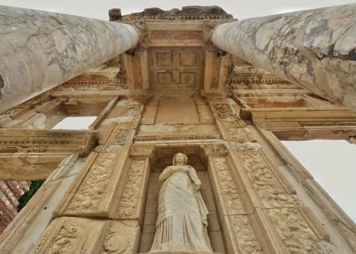 Close up of the Celsus Library ruins in Ephesus