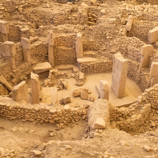 Ancient stone pillars at Gobekli Tepe archaeological site in Turkey