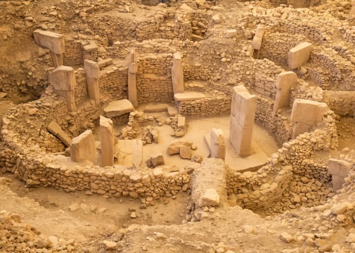 Ancient stone pillars at Gobekli Tepe archaeological site in Turkey