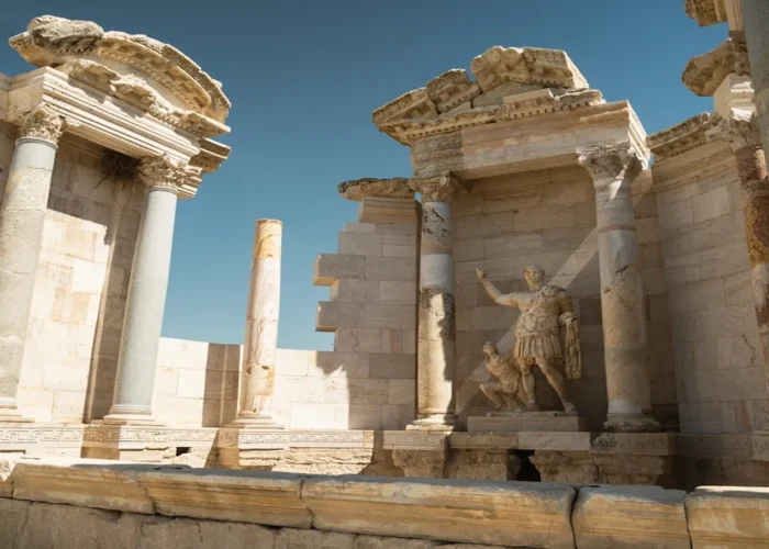 Marble temple ruins and Roman emperor statue in Laodicea, visited on Turkey Seven Churches of Revelation tours.