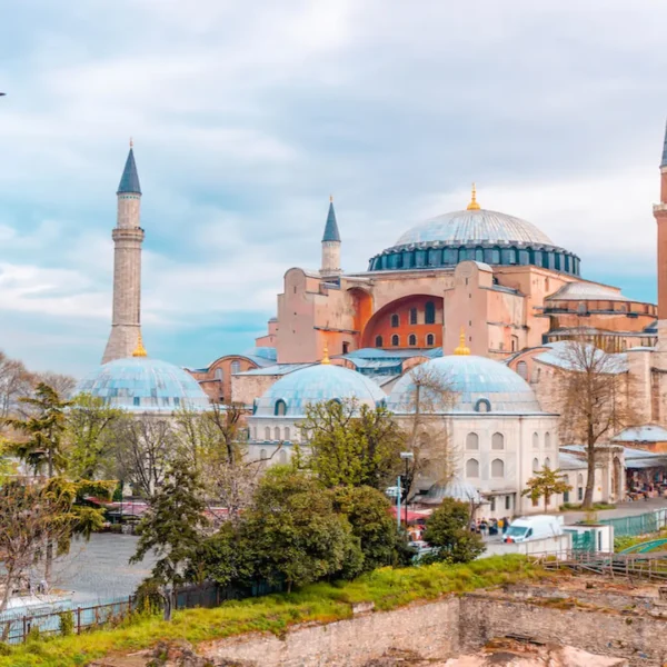 Hagia Sophia exterior view with minarets and flying seagull Istanbul