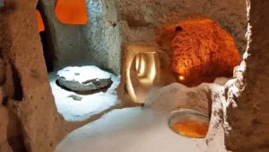 Rock carved underground church with stone altar in Cappadocia