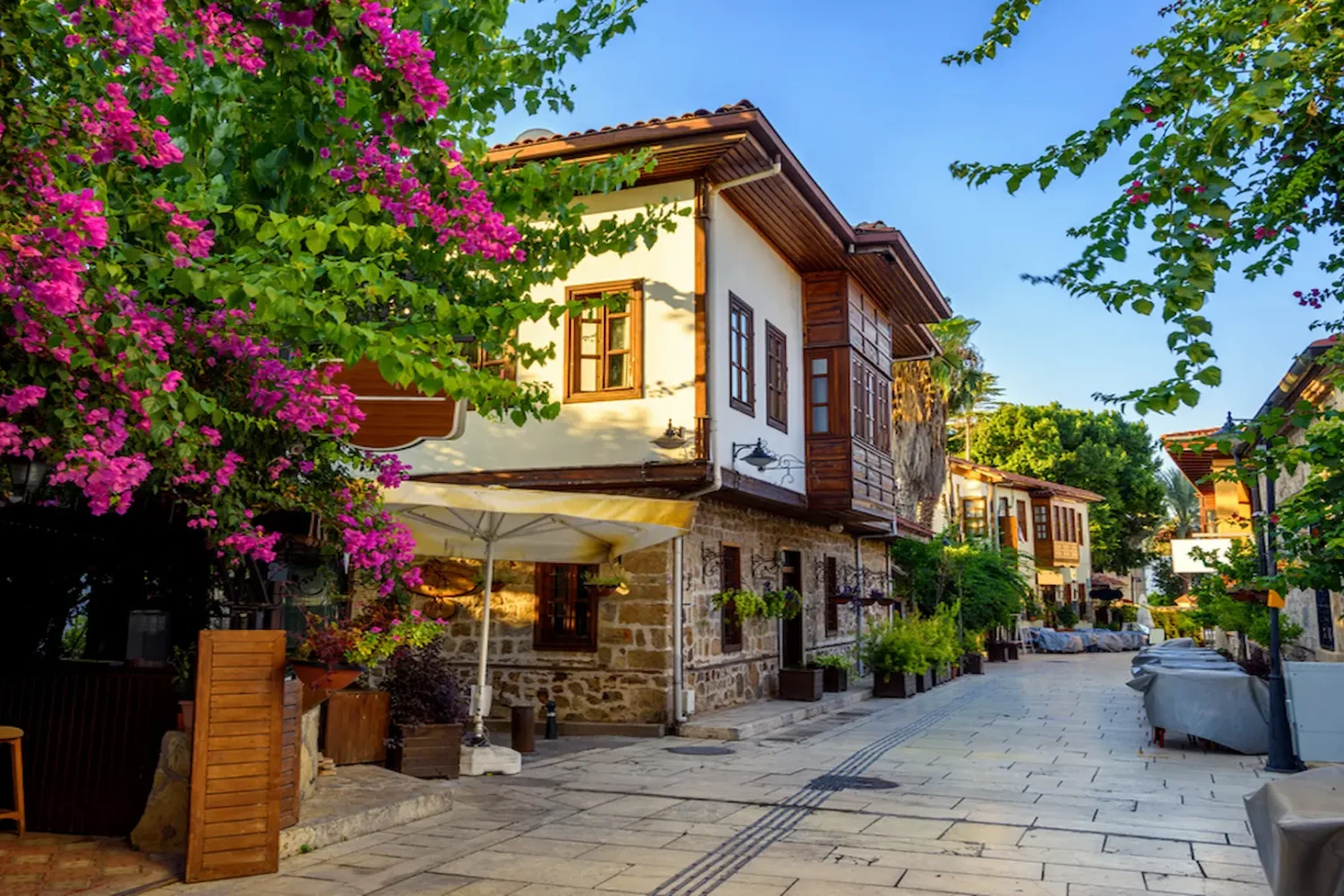 Traditional Ottoman houses in Antalya Old Town with flowers