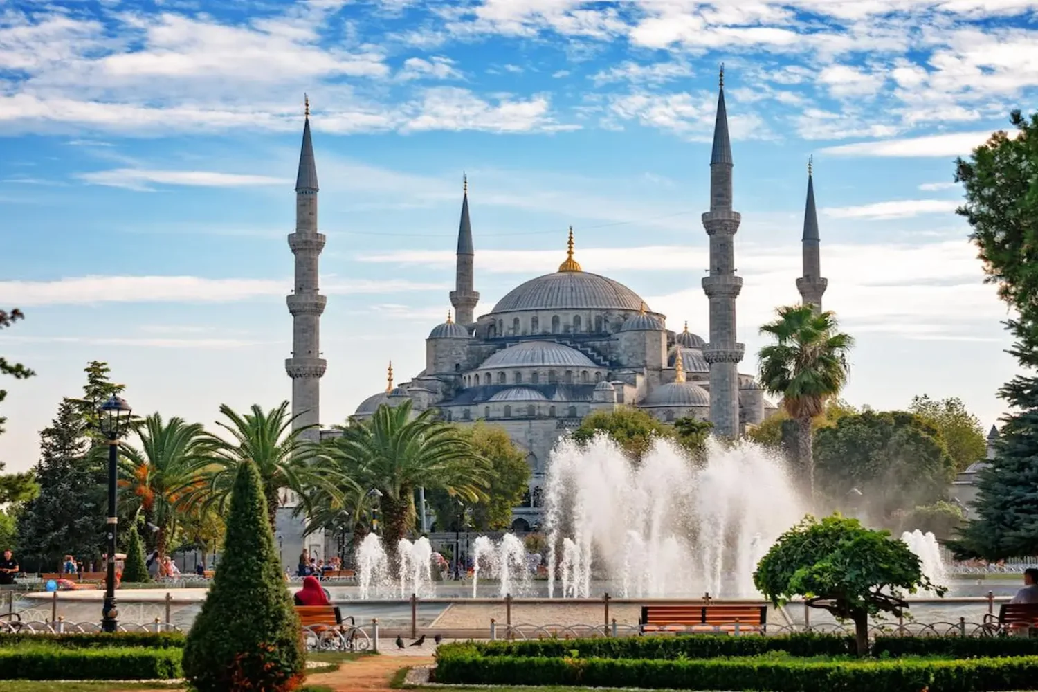 Blue Mosque with fountains and gardens in front, Istanbul