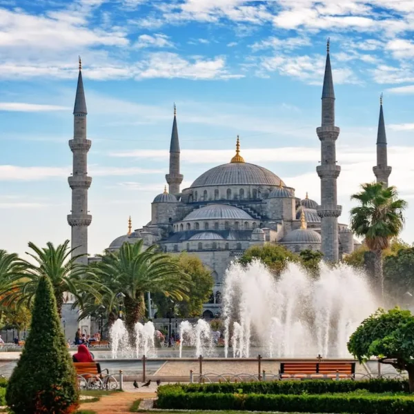 Blue Mosque with fountains and gardens in front, Istanbul