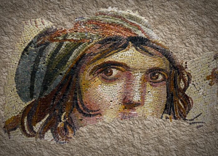 Close up of the Gypsy Girl mosaic face at Zeugma Mosaic Museum