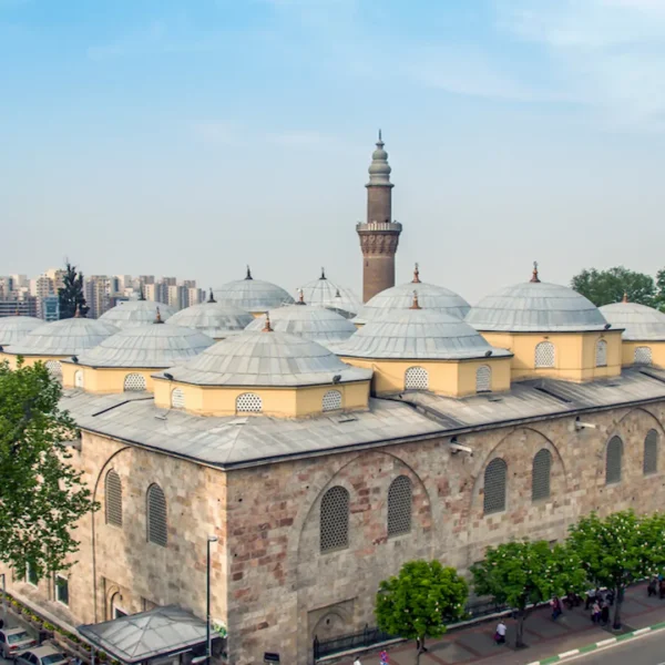 Aerial view of Bursa Ulu Mosque with domes and minarets