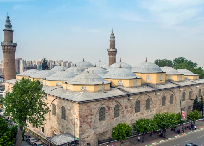 Aerial view of Bursa Ulu Mosque with domes and minarets