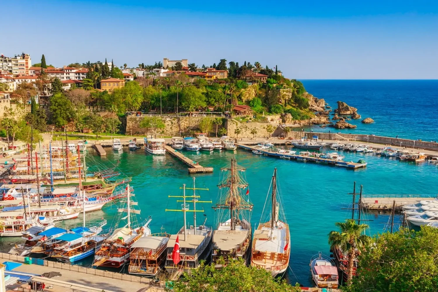 Castle walls overlooking Antalya Old Town and harbor