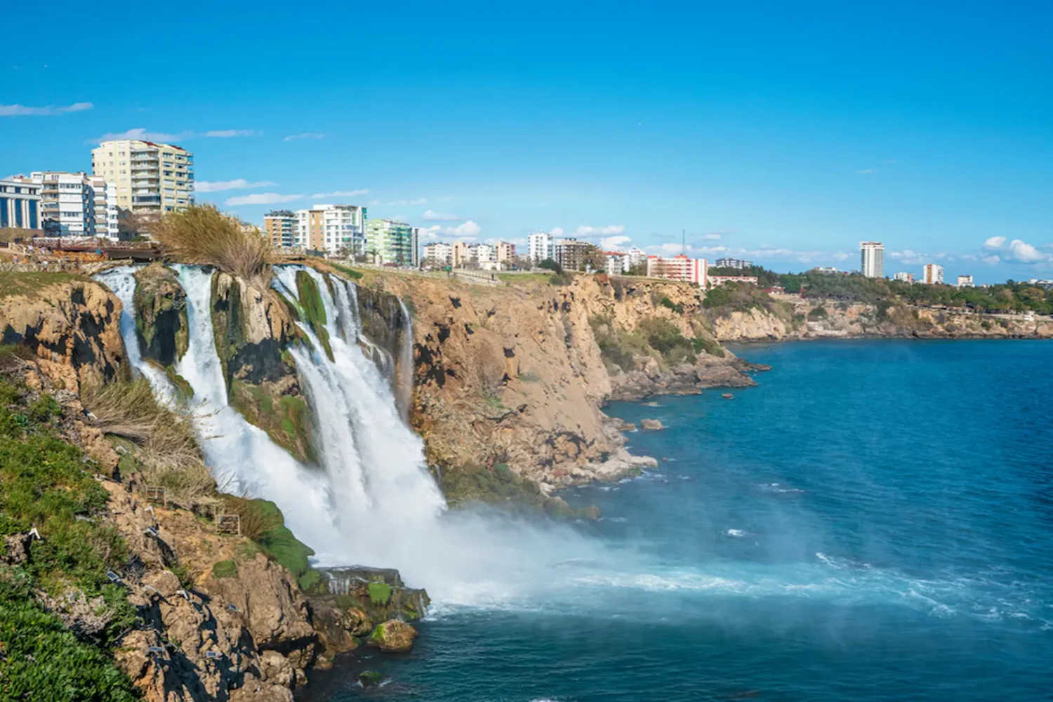Wide view of Antalya waterfall with cliffs and sea
