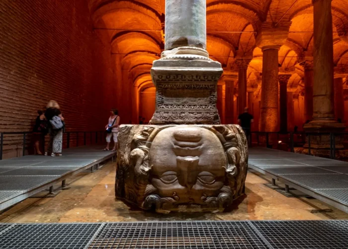 Famous Medusa head column base in Basilica Cistern Istanbul