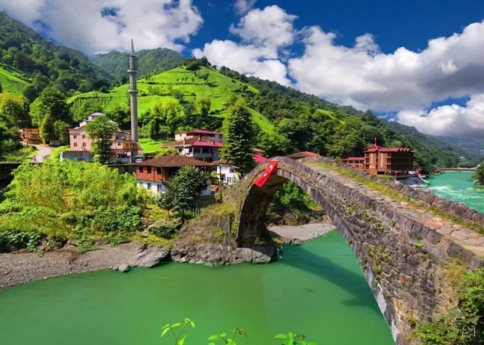 Traditional village houses and stone bridge in Fırtına Valley