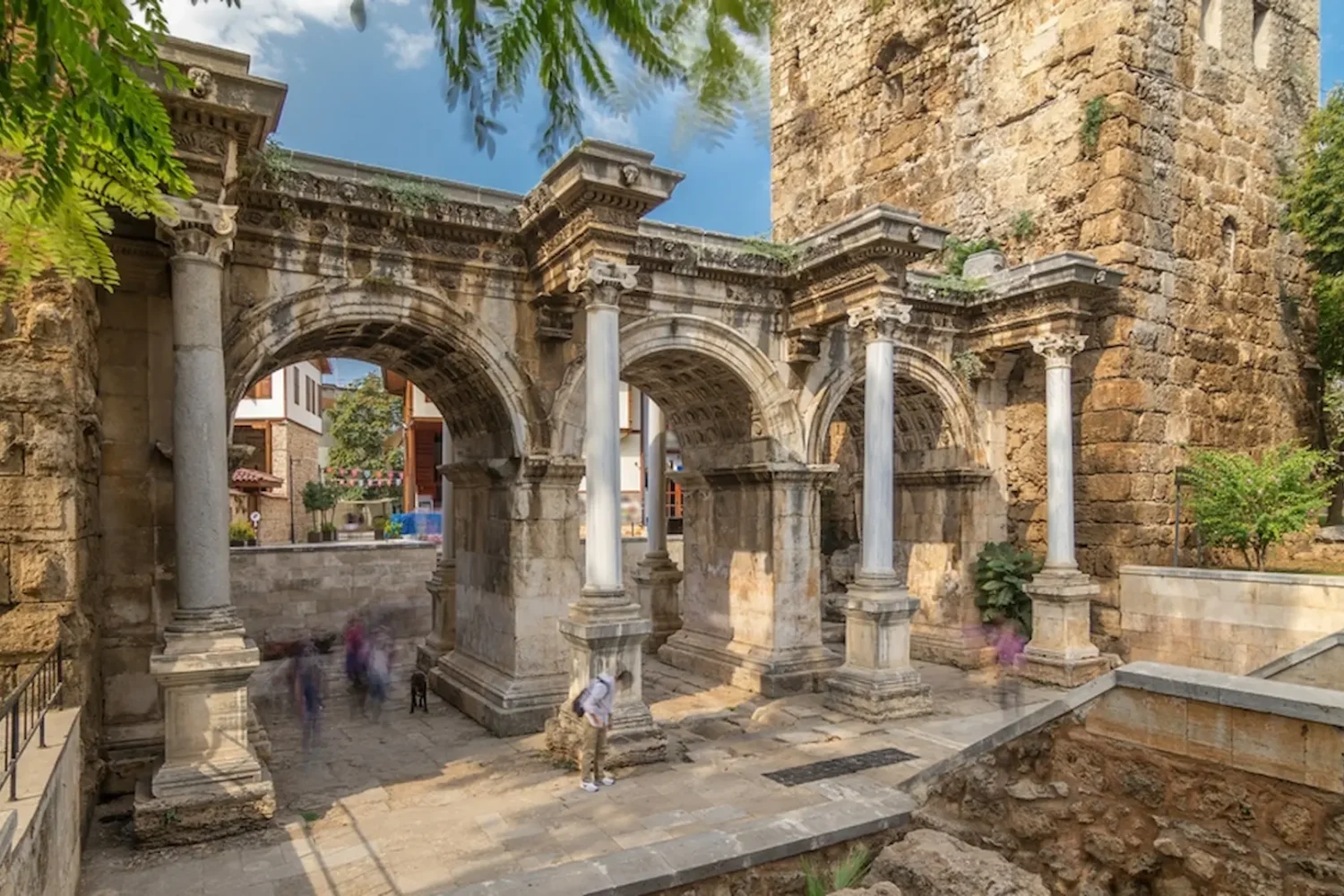 Detailed Roman arches of Hadrian’s Gate in Antalya