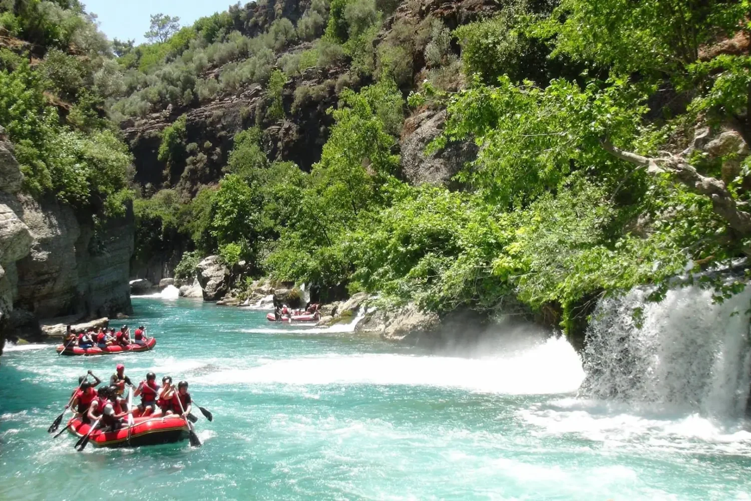 Tourists rafting on turquoise waters of Koprulu Canyon Antalya