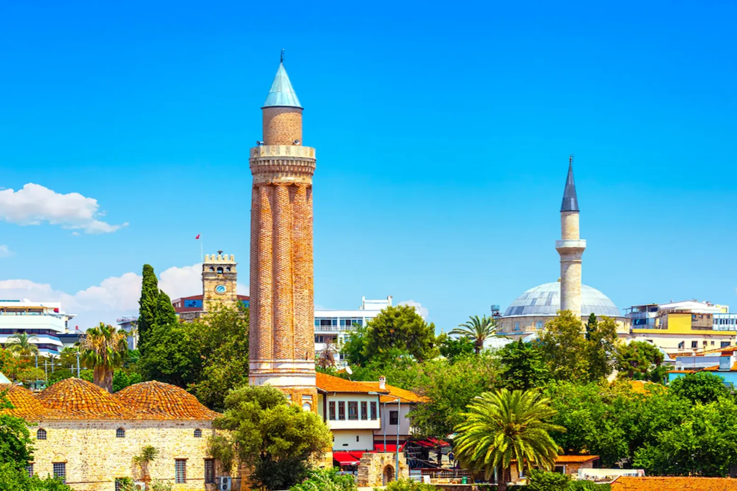 Yivli Minaret Mosque with domes and minarets in Antalya Old Town