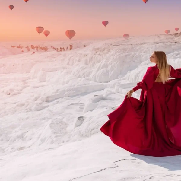 Woman in red dress posing at Pamukkale travertines with balloons
