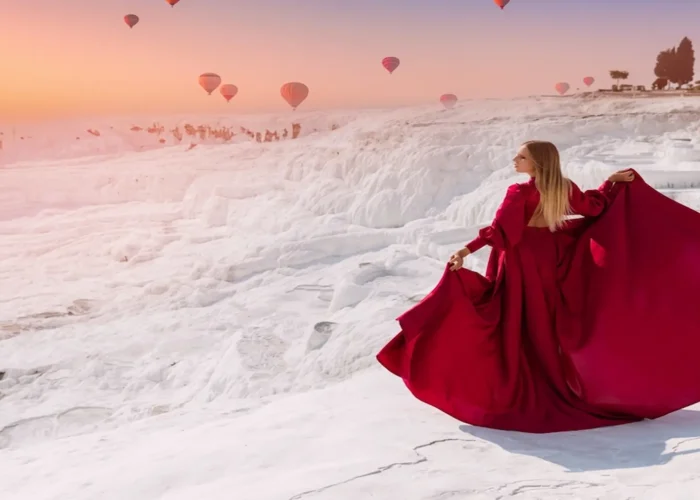 Woman in red dress posing at Pamukkale travertines with balloons