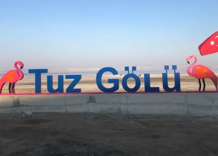 Salt Lake sign with flamingo figures and Turkish flags