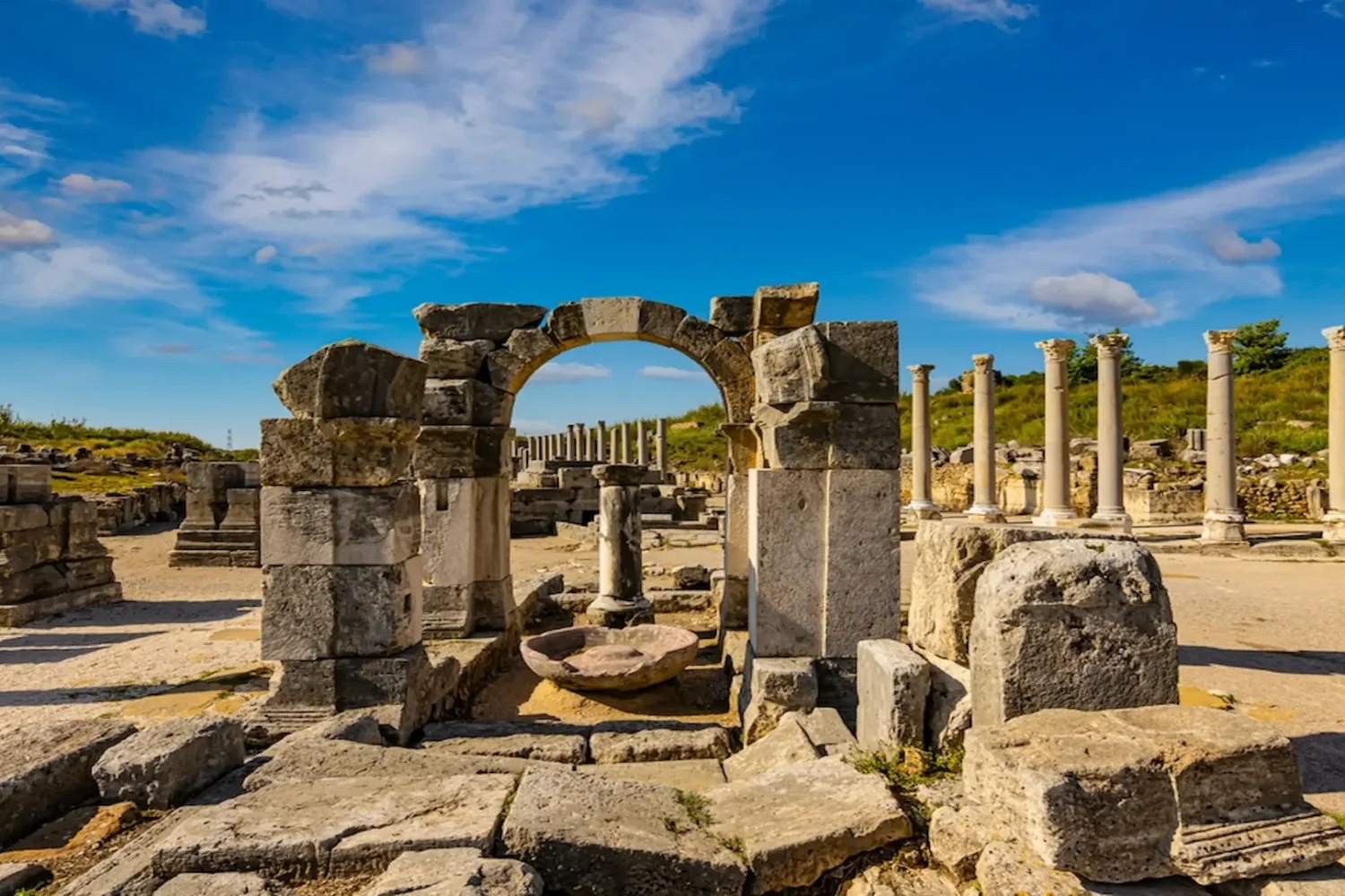 Roman arch and columns in Side ancient city Antalya