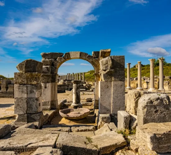 Roman arch and columns in Side ancient city Antalya