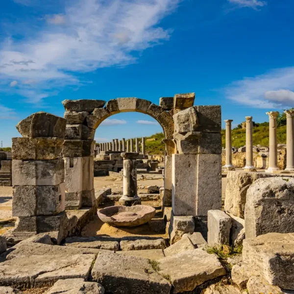Roman arch and columns in Side ancient city Antalya