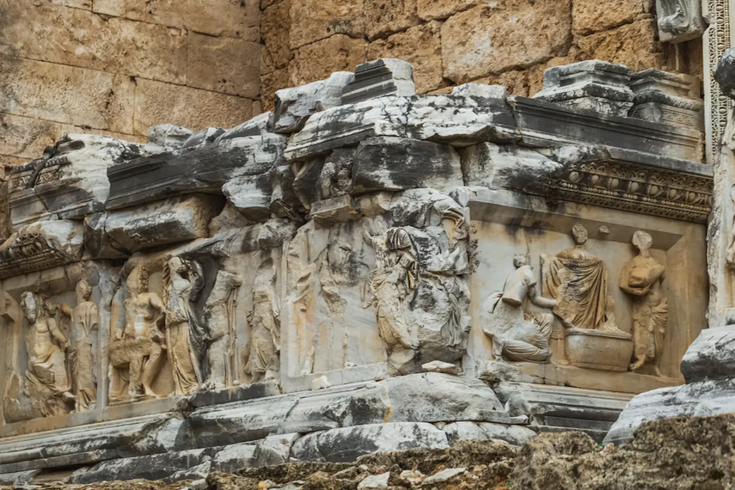 Stone relief carvings in Side ancient city Antalya