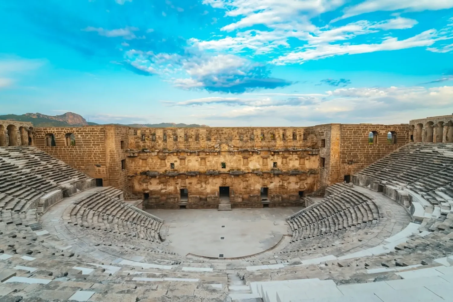 Panoramic view of Side Roman theater in Antalya