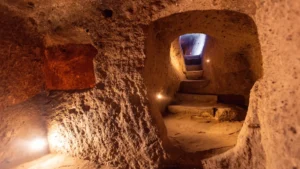 Stairs leading through rock carved entrance in Derinkuyu Underground City