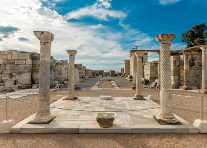 Restored marble columns in Basilica of St John Ephesus courtyard
