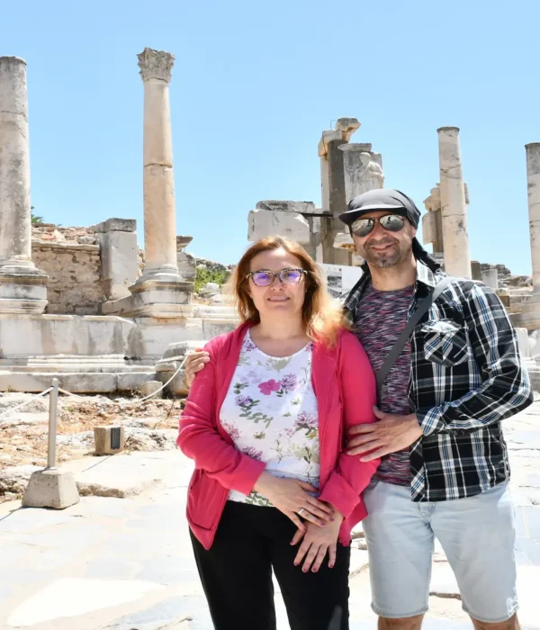 Couple exploring ancient Roman temples in Ephesus