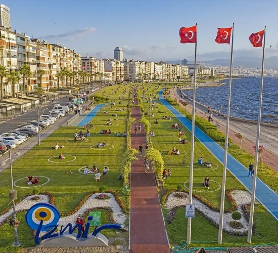 Izmir Kordon seaside promenade with green parks and Aegean Sea views