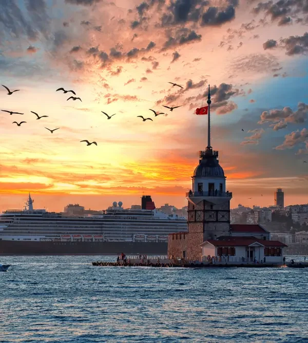 Cruise ship near Maiden’s Tower during sunset on Istanbul shore excursion