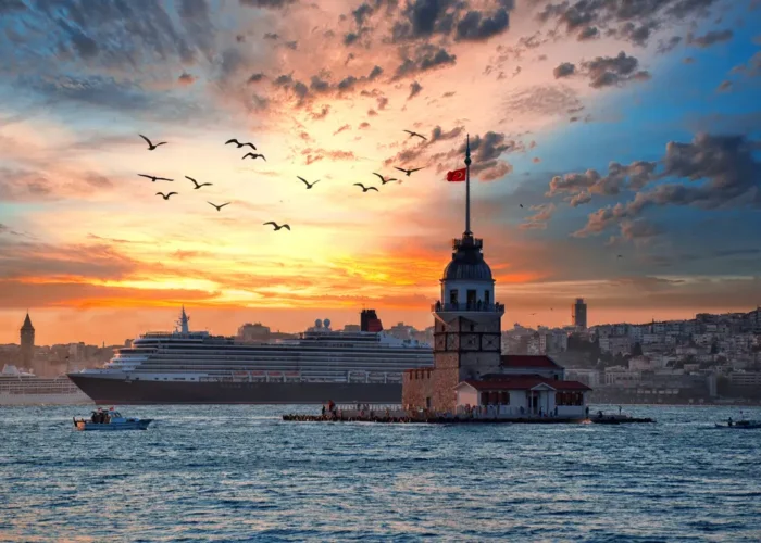 Cruise ship near Maiden’s Tower during sunset on Istanbul shore excursion