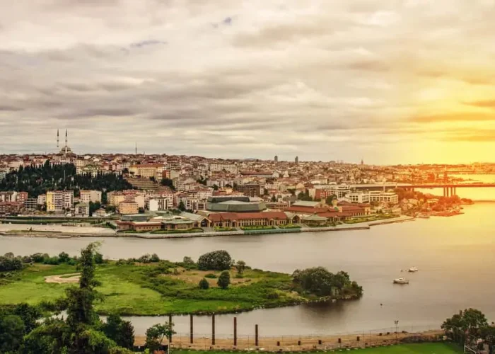 Sunset over the Golden Horn with mosques and bridges