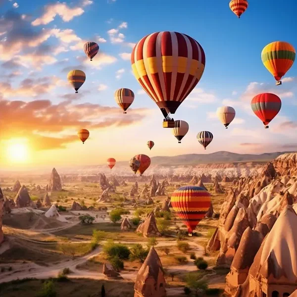 Colorful hot air balloons flying above Cappadocia’s fairy chimneys at sunrise