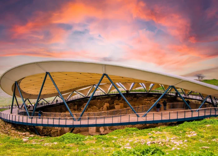 Circular stone pillars and enclosures at the Gobekli Tepe archaeological site