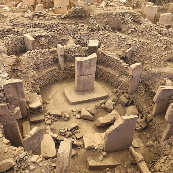 Close-up view of upright T-shaped stone pillars at Gobekli Tepe site