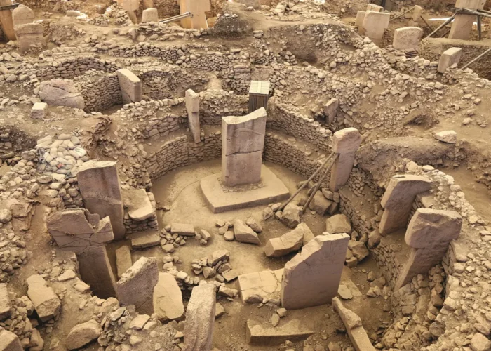 Close-up view of upright T-shaped stone pillars at Gobekli Tepe site